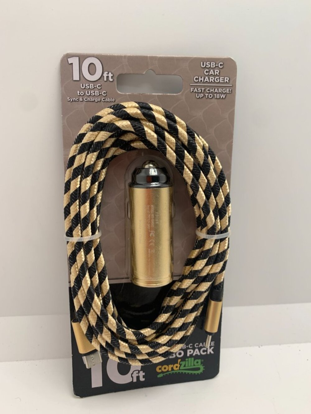 USB-C To USB-C 10FT Sync & Charge Cable With USB-C Car Charger Gold & Black Cord
